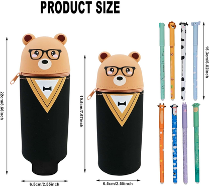 Kawaii Bear 2-in-1 Silicone Pencil Case | 8 Erasable Gel Pens, Foldable Pen Holder for School