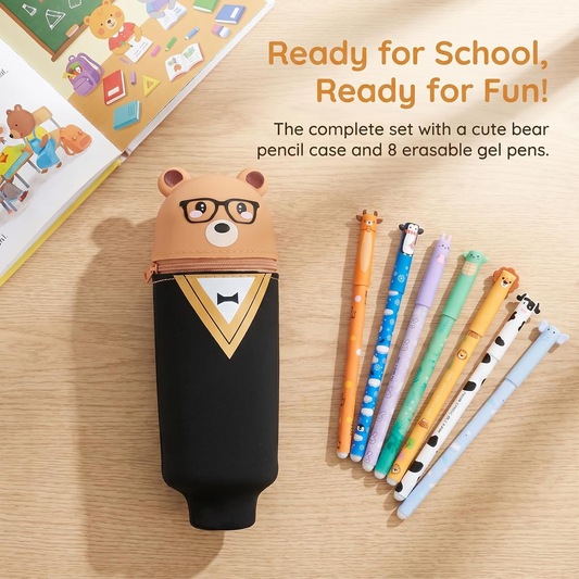 Kawaii Bear 2-in-1 Silicone Pencil Case | 8 Erasable Gel Pens, Foldable Pen Holder for School