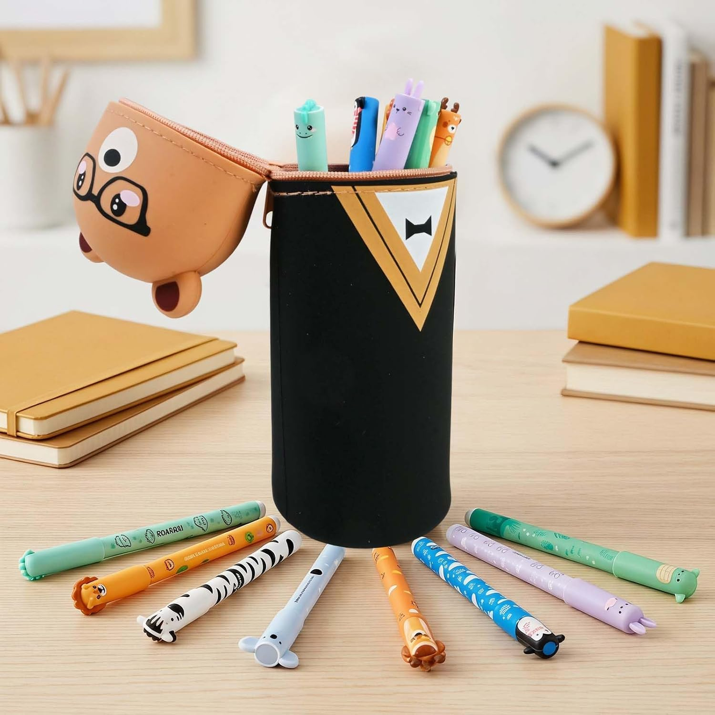 Kawaii Bear 2-in-1 Silicone Pencil Case | 8 Erasable Gel Pens, Foldable Pen Holder for School