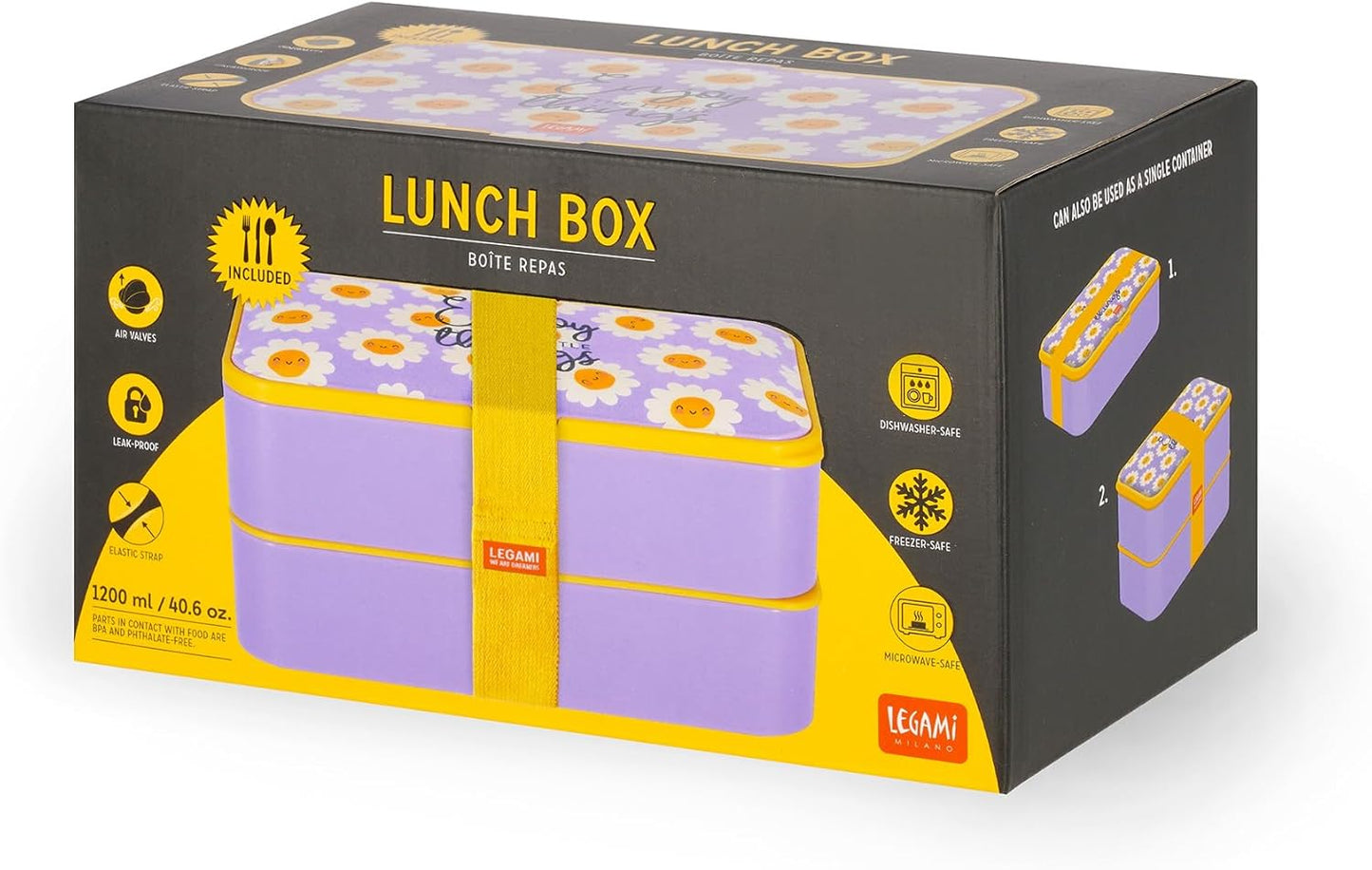 - Porta Pranzo, Lunch Box Con 3 Posate Incluse, Daisy, Contenitore Porta Pranzo, Capacità 1200 Ml, a Prova Di Perdite, Adatto a Microonde E Lavastoviglie, Ideale per Scuola, Ufficio, Lavoro