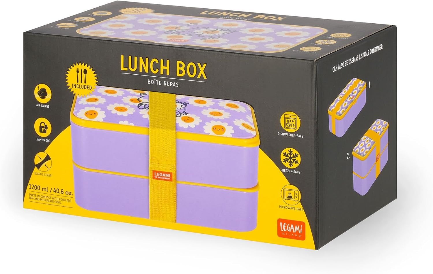 - Porta Pranzo, Lunch Box Con 3 Posate Incluse, Daisy, Contenitore Porta Pranzo, Capacità 1200 Ml, a Prova Di Perdite, Adatto a Microonde E Lavastoviglie, Ideale per Scuola, Ufficio, Lavoro