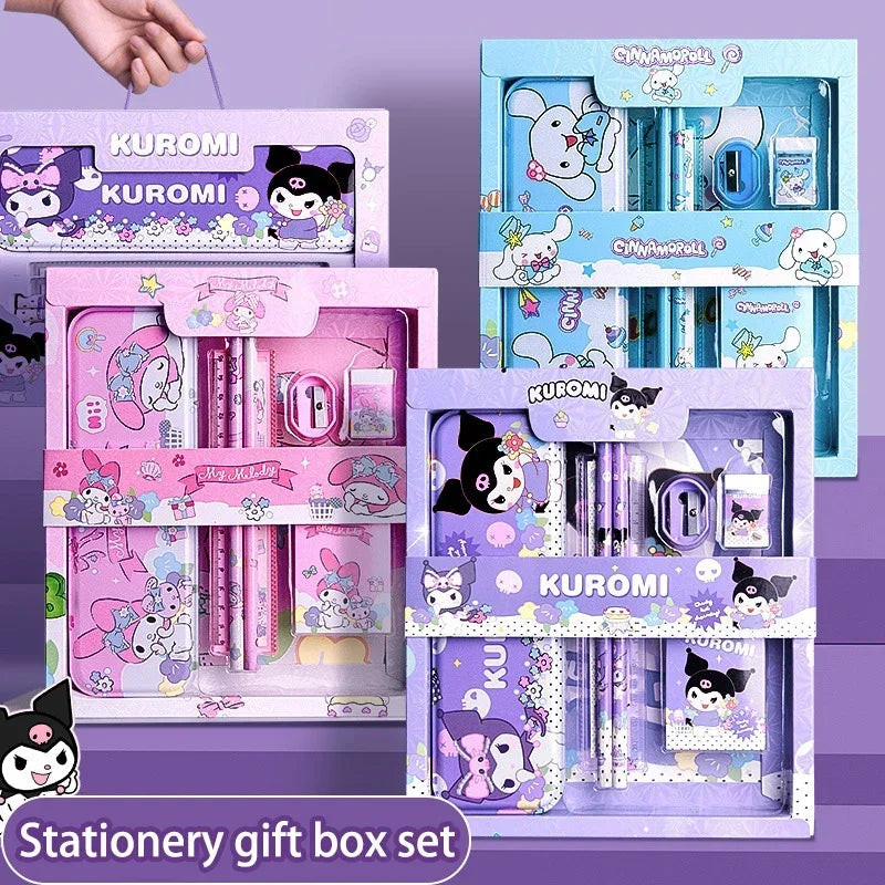 Kuromi Deluxe Stationery Set Gift Box Cute Melody Cinnamoroll Pencil Eraser Ruler Pencil Case Happy Learning Gift Pack