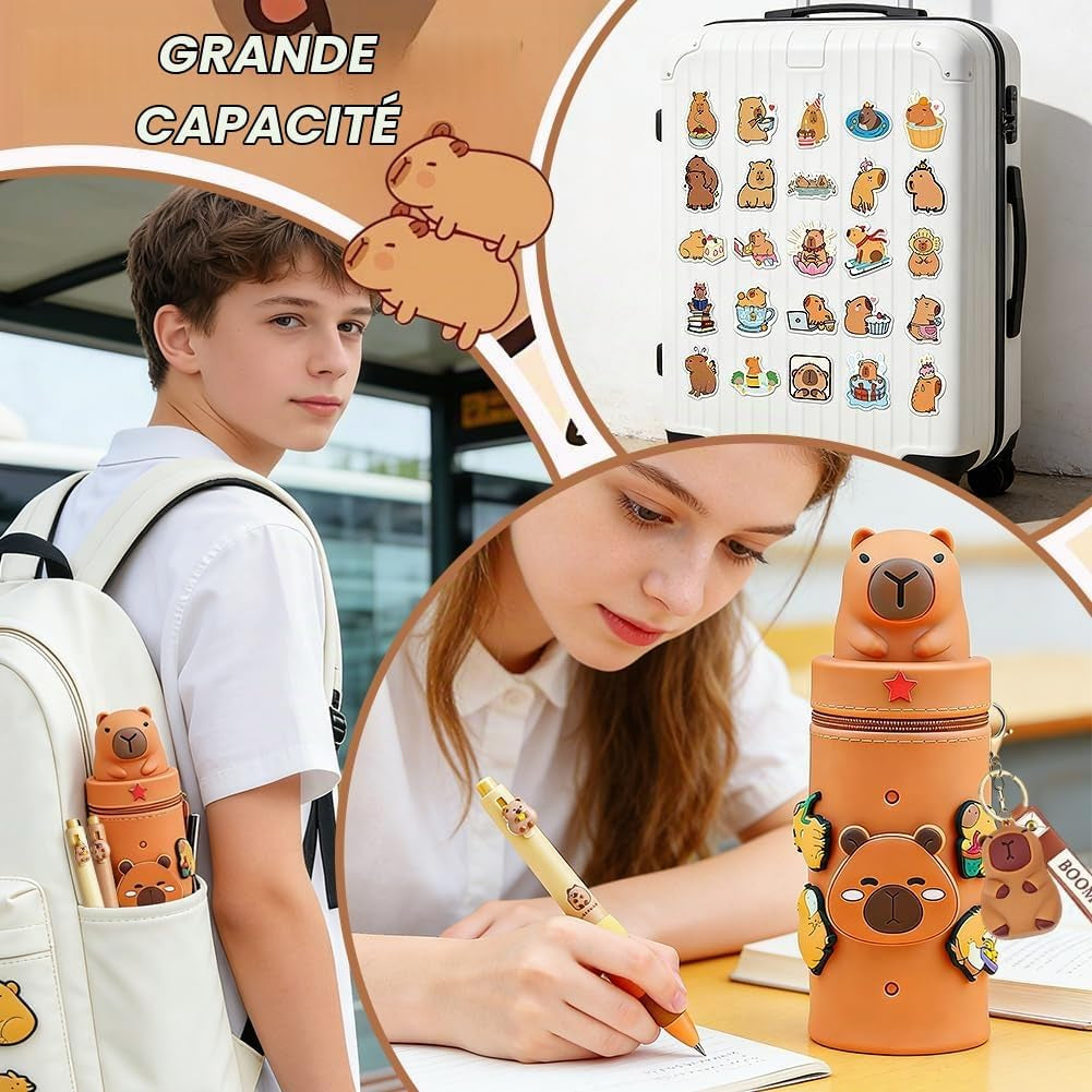 Trousse Capybara Avec Stylo Multicolores, Porte-Clés, Trousse 2 En 1 En Silicone Extensible, Papeterie Scolaire Kawaii, Cadeau Pour Enfant, Fournitures Scolaires Et Autocollants (C6)