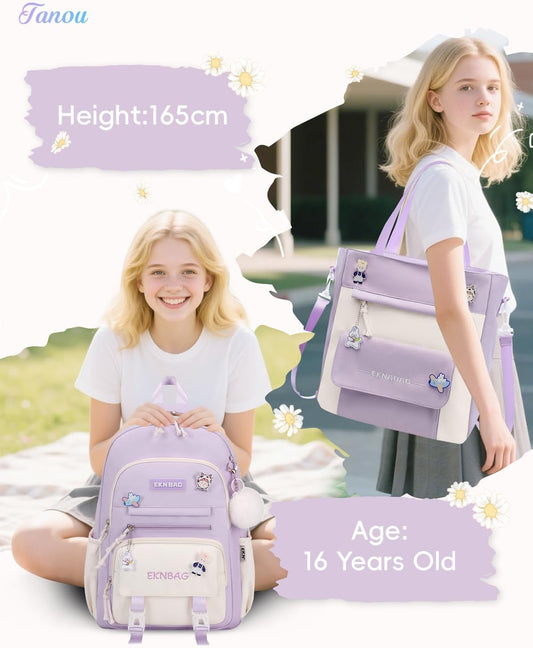 Cartable Fille Primaire, Ensemble De Sac D Ecole Fille College | Sac À Dos Décontracté Pour Adolescent Filles Avec Sac À Bandoulière Et Trousse À Crayons, Violet