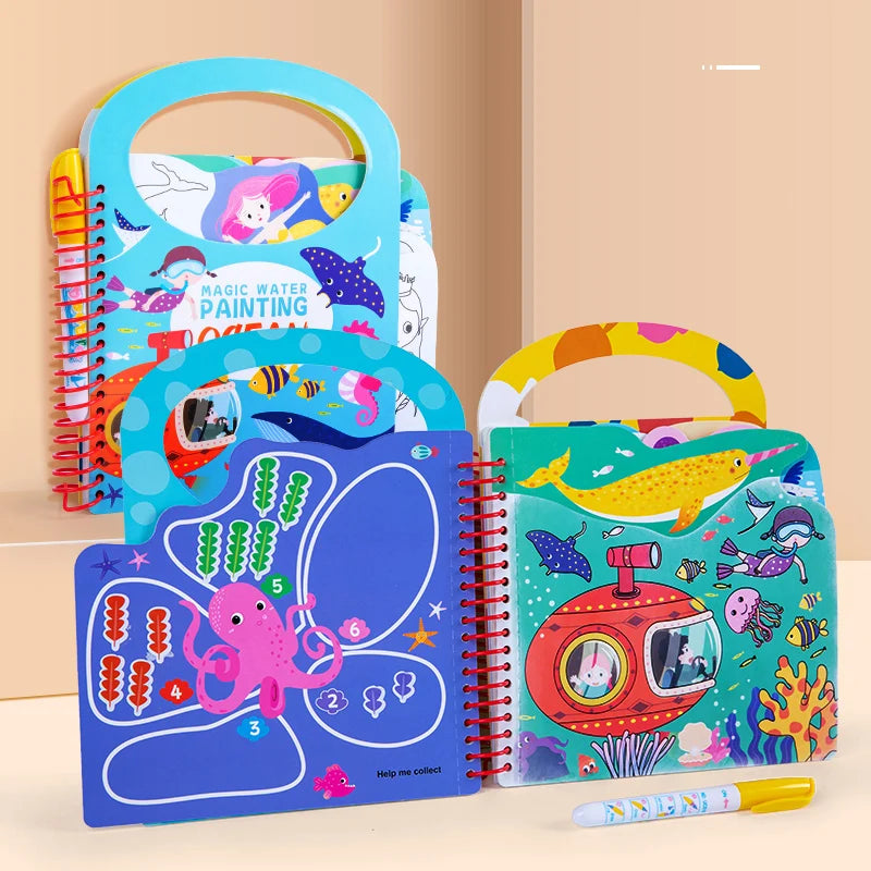 Children Early Education Toys Magical Book with Pen Water Drawing Montessori Toys Gift Reusable Coloring Book Magic Drawing Book