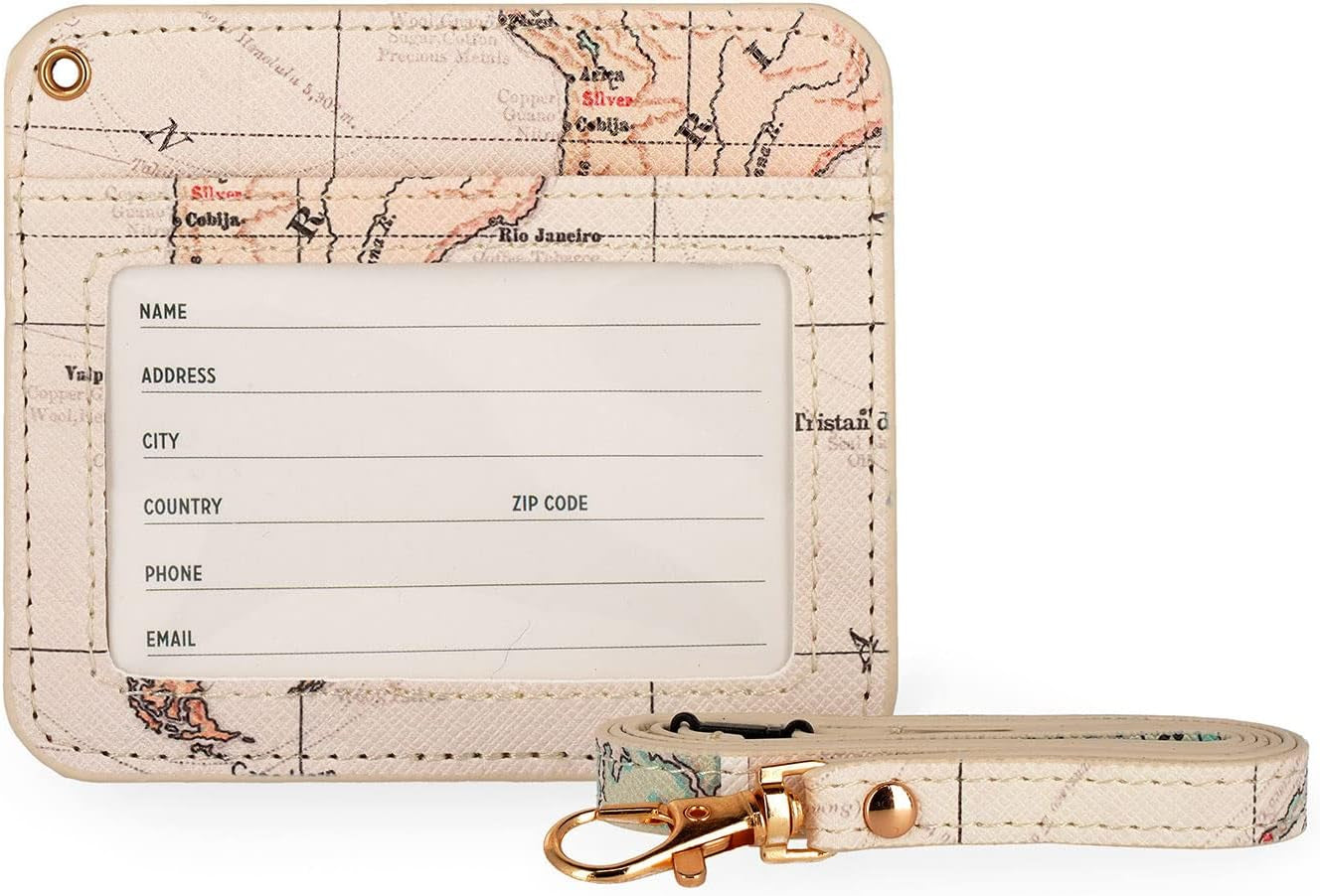 - Porta Badge, Da Collo, 1 Finestra Trasparente, Tasche per Tessere, Cordino Con Moschettone, Chiusura Con Clip Di Sicurezza, Perfetto per Infermieri, 10,4X9 Cm, Tema Travel