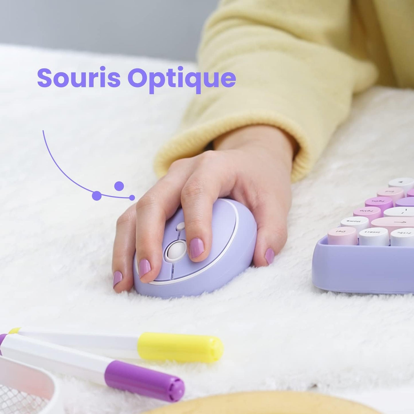 PERIDUO-713 Ensemble Mini Clavier Et Souris Sans Fil 2.4 Ghz, Touches De Style Rétro Arrondies, Violette, AZERTY