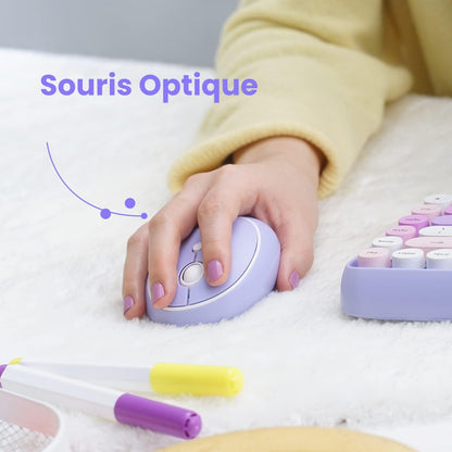 PERIDUO-713 Ensemble Mini Clavier Et Souris Sans Fil 2.4 Ghz, Touches De Style Rétro Arrondies, Violette, AZERTY