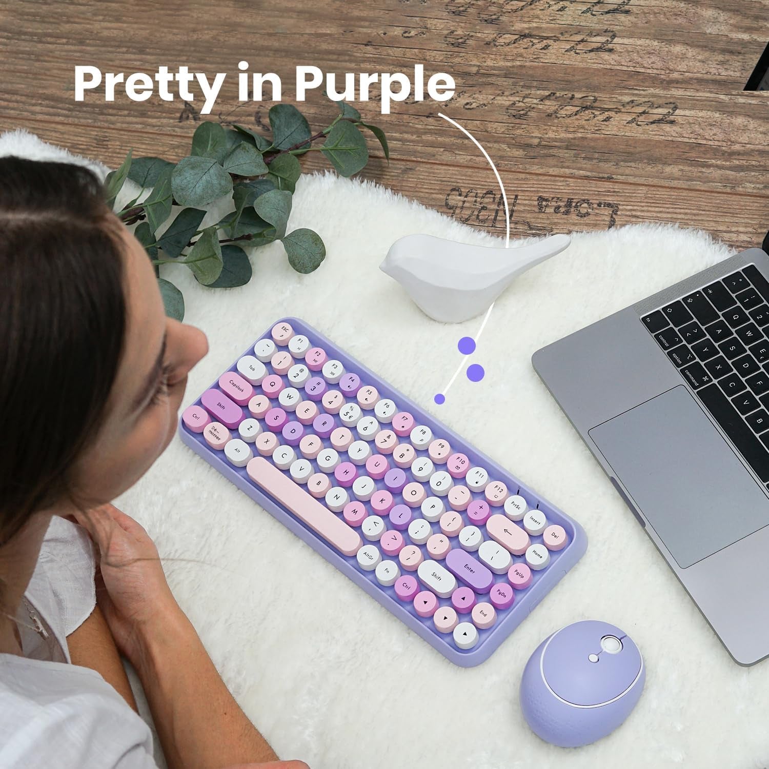 PERIDUO-713 Ensemble Mini Clavier Et Souris Sans Fil 2.4 Ghz, Touches De Style Rétro Arrondies, Violette, AZERTY