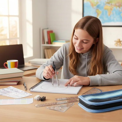 Set De Géométrie PRO En Trousse Turquoise Avec Compas, Règle, Rapporteur Et Équerre – Pour École, College, Bureau Et Université