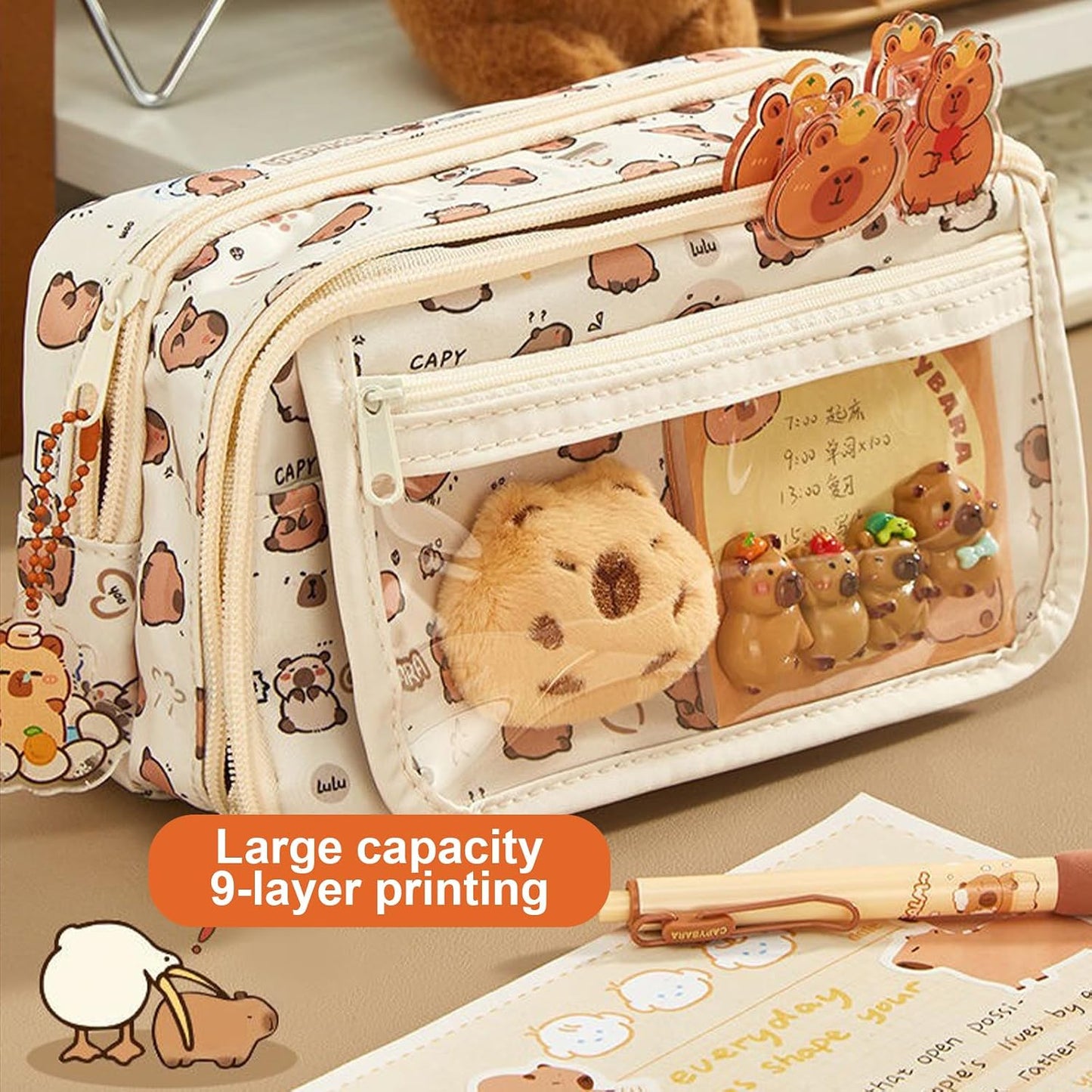 58 Pièces Ensemble Papeterie Capybara, Kawaiitrousse À Crayons Capybara | Avec 9 Compartiments, Avec Stylos, Pinces, Broches, Etc., Pour Le Bureau, Fourniture Scolaire, Étudiants