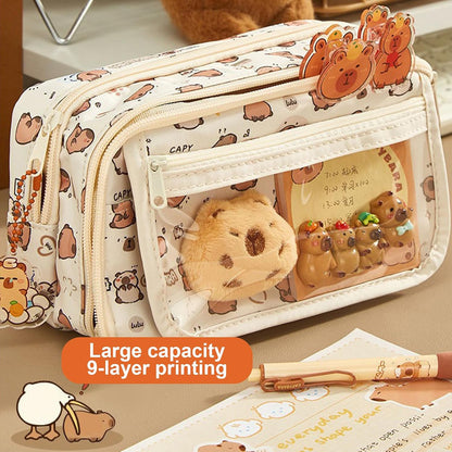 58 Pièces Ensemble Papeterie Capybara, Kawaiitrousse À Crayons Capybara | Avec 9 Compartiments, Avec Stylos, Pinces, Broches, Etc., Pour Le Bureau, Fourniture Scolaire, Étudiants