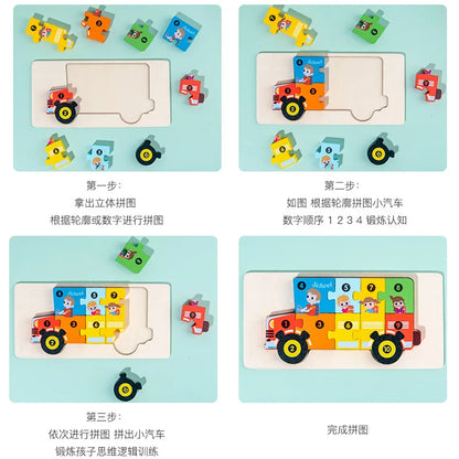 3D Stereoscopic Montessori Wooden Puzzle Cartoon Dinosaur Animal Shape Color Cognitive Educational Game Toy Kids Birthday Gift