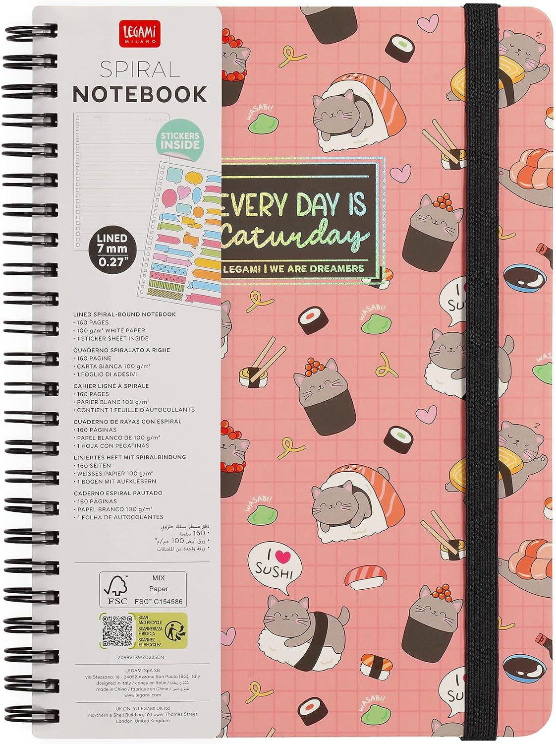 - Quaderno Spiralato a Righe 7 Mm, Sushi Cat, Formato A5, Large, in Carta FSC Certificata, Contiene 1 Foglio Di Adesivi, 160 Pagine, Chiusura Con Elastico, 15 X 21 Cm