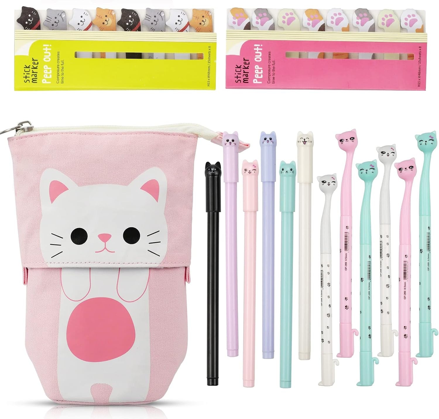 Chat Trousse Kawaii 1Trousse À Crayons Télescopique Avec 12Cutechat | 12 Cute Chat 0,5 Mm Stylos À Encre Gel Und 240 Chat Autocollant Pour Garçons Filles Etudiants Et Fournitures De Bureau
