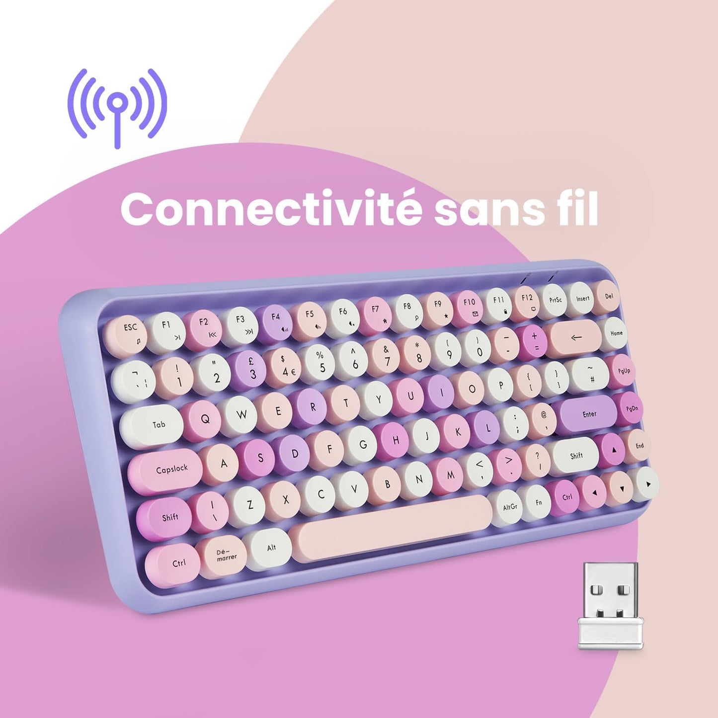 PERIDUO-713 Ensemble Mini Clavier Et Souris Sans Fil 2.4 Ghz, Touches De Style Rétro Arrondies, Violette, AZERTY
