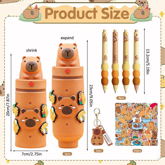 Trousse Capybara Avec Stylo Multicolores, Porte-Clés, Trousse 2 En 1 En Silicone Extensible, Papeterie Scolaire Kawaii, Cadeau Pour Enfant, Fournitures Scolaires Et Autocollants (C6)