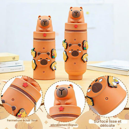 Trousse Capybara Avec Stylo Multicolores, Porte-Clés, Trousse 2 En 1 En Silicone Extensible, Papeterie Scolaire Kawaii, Cadeau Pour Enfant, Fournitures Scolaires Et Autocollants (C6)