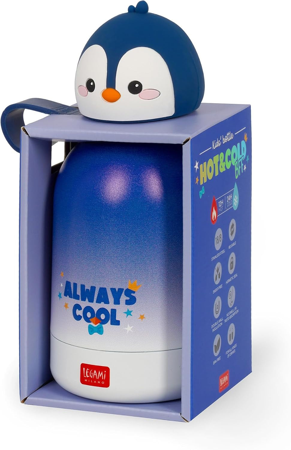 - Borraccia Termica per Bambini Hot&Cold BFF, Tema Penguin, in Inox 18/8 a Doppio Strato Con Chiusura Ermetica, Conserva Il Caldo per 12H E Il per Freddo 24H, Capacità 310 Ml