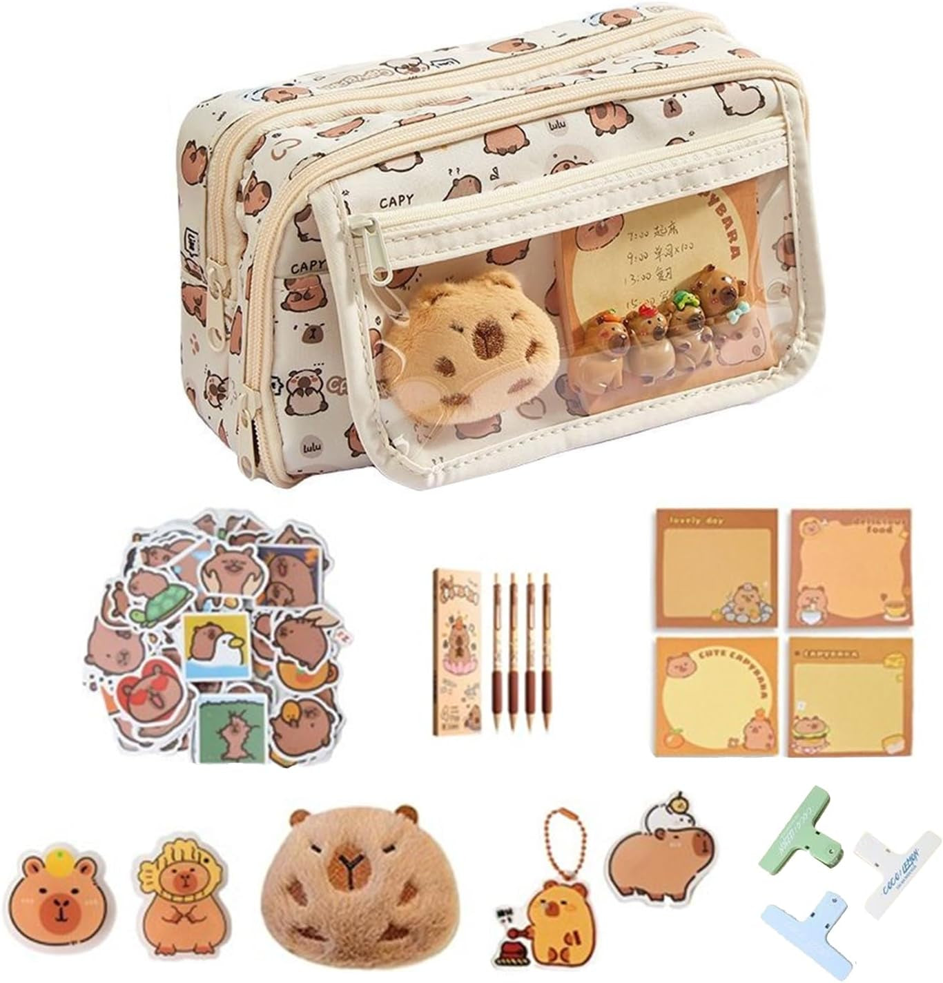 58 Pièces Ensemble Papeterie Capybara, Kawaiitrousse À Crayons Capybara | Avec 9 Compartiments, Avec Stylos, Pinces, Broches, Etc., Pour Le Bureau, Fourniture Scolaire, Étudiants
