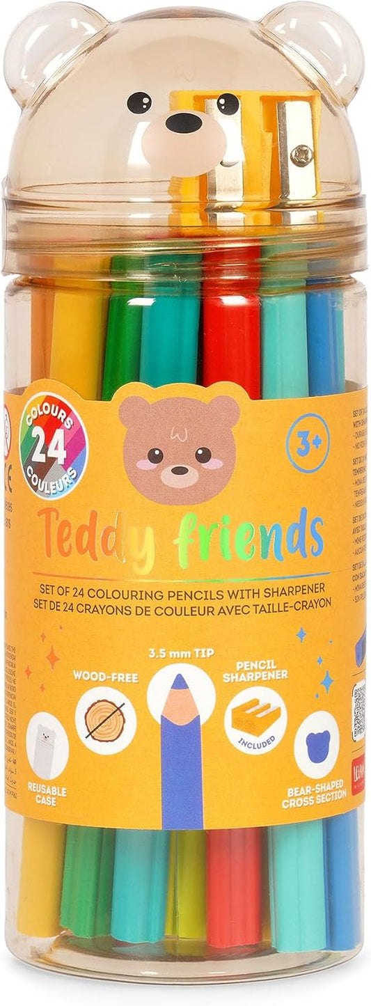 - Set Di 24 Matite Colorate Con Temperino Teddy Friends, Pastelli per Colorare, a Forma Di Orsetto, Resistenti, Senza Legno, Colori Brillanti, Contenitore in PET Riutilizzabile