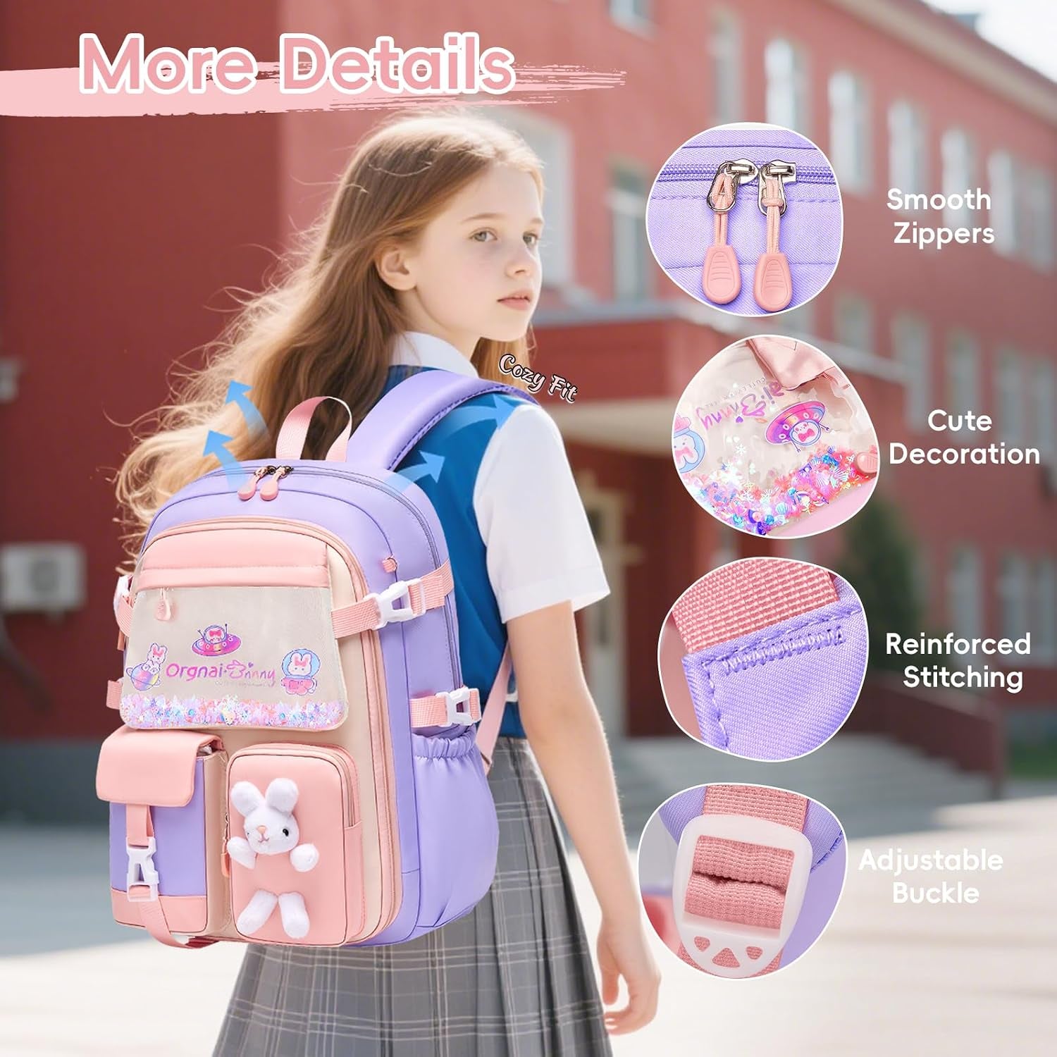 Sac D'École Fille Primaire, Cartable Scolaire Kawaii En 3 Pièces | Léger Et Confortable Sac À Dos Fille Avec Sac Repas Et Trousses, CE1 Au CM2, Violet