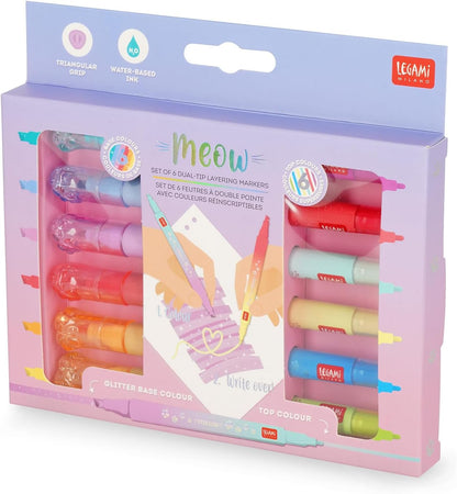 - Set Di 6 Pennarelli Doppia Punta Meow, Inchiostro a Base Di Acqua | 1 a Scalpello Di 4 Mm Con Glitter E 1 Rotonda Di 1 Mm per Sovrascrivere, Impugnatura Triangolare, 3 X 10.9 X 1.7 Cm